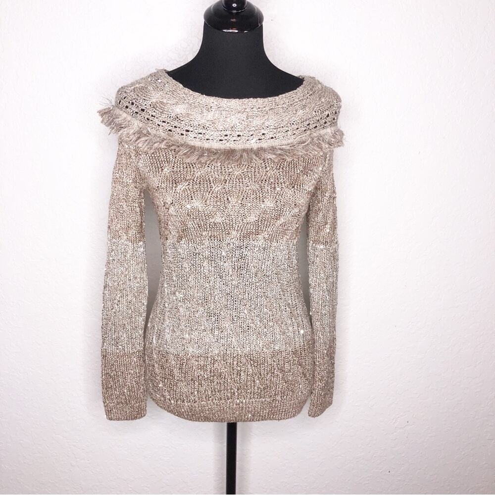 WHBM mink light brown fringe trim sequin boatneck sweater size XXS NWT